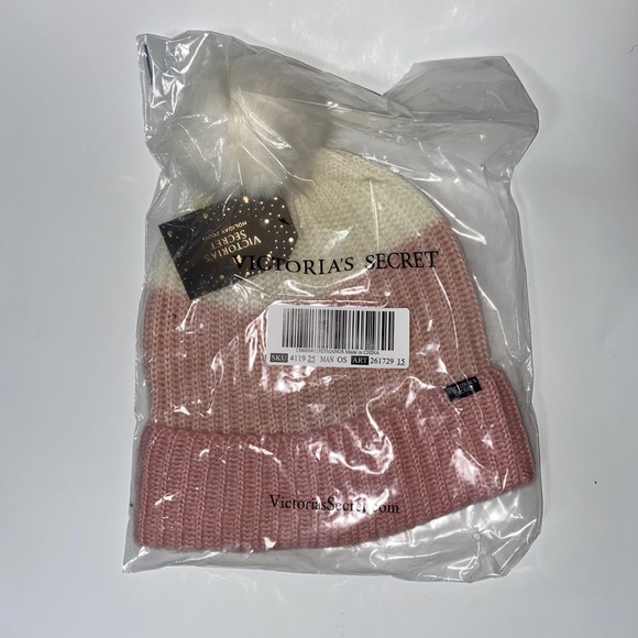 VICTORIA'S SECRET Pink White Beanie Pom Pom Winter Hat - Picture 6 of 6